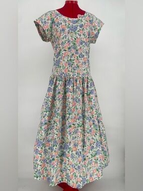 80s Komil Honolulu Hawaii Cottagecore Drop Waist Floral Pastel Midi Day Dress